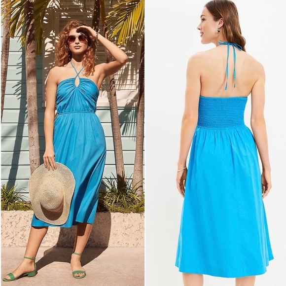 NWOT LOFT Keyhole Halter Midi Dress Turquoise 10P - Picture 1 of 16